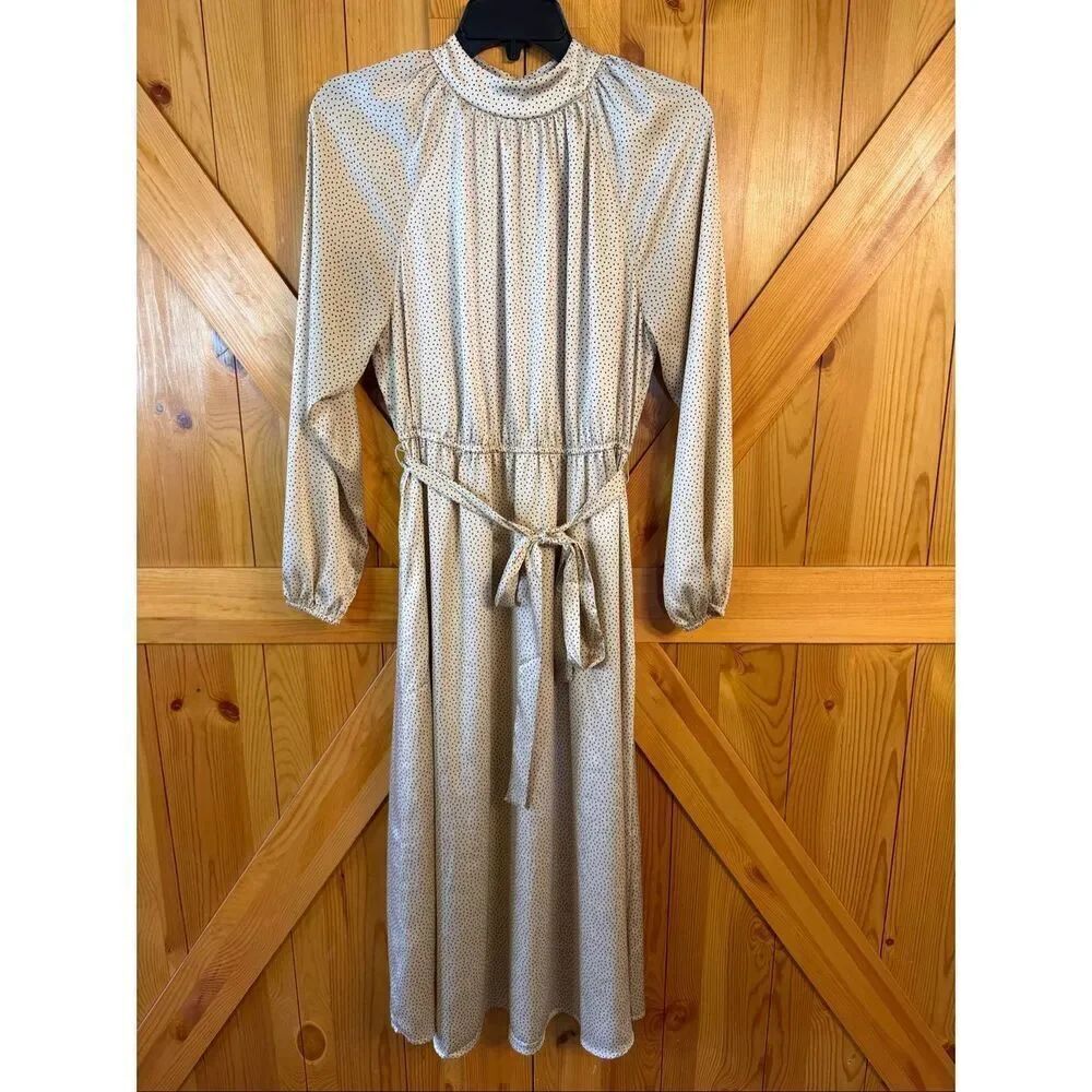 LOFT Light Beige Black Dotted Mock Neck Belt Silky Satin Midi Dress 4 (6917)